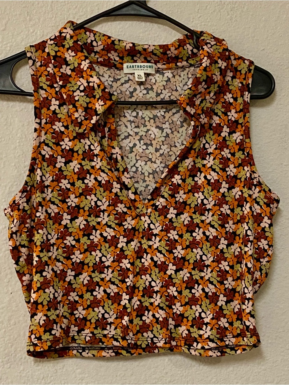 Earthbound Floral Sleeveless V-Neck Crop Top - Rust Multi - Size XL